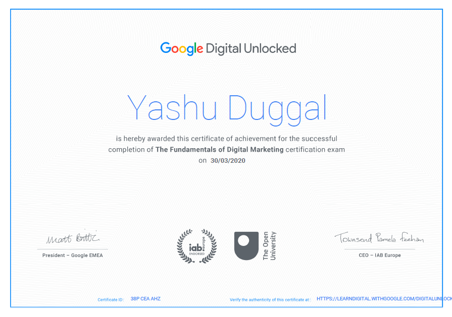 Google Digital Unlocked: Yashu Duggal Fundamentals of Digital Marketing Certificate