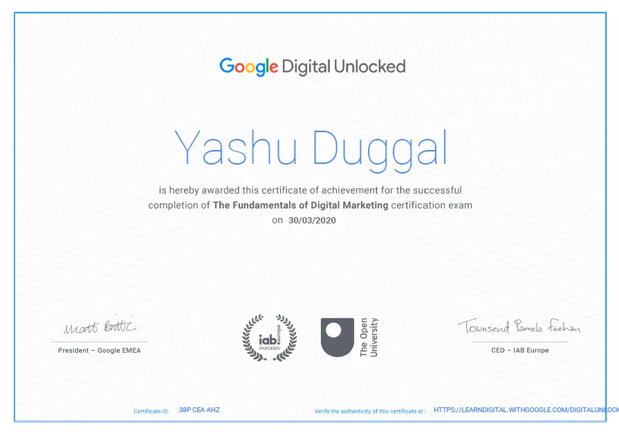 Google Digital Unlocked: Yashu Duggal Fundamentals of Digital Marketing Certificate